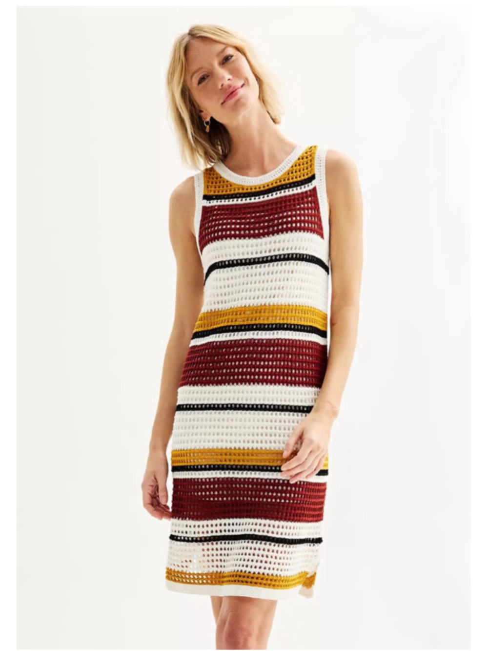 NEW Nine West Midi Crochet Dress, 2X, White Burgundy Striped